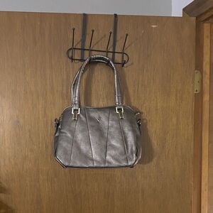 Metallic Bronze Triple-Compartment Shoulder Bag with Long Strap